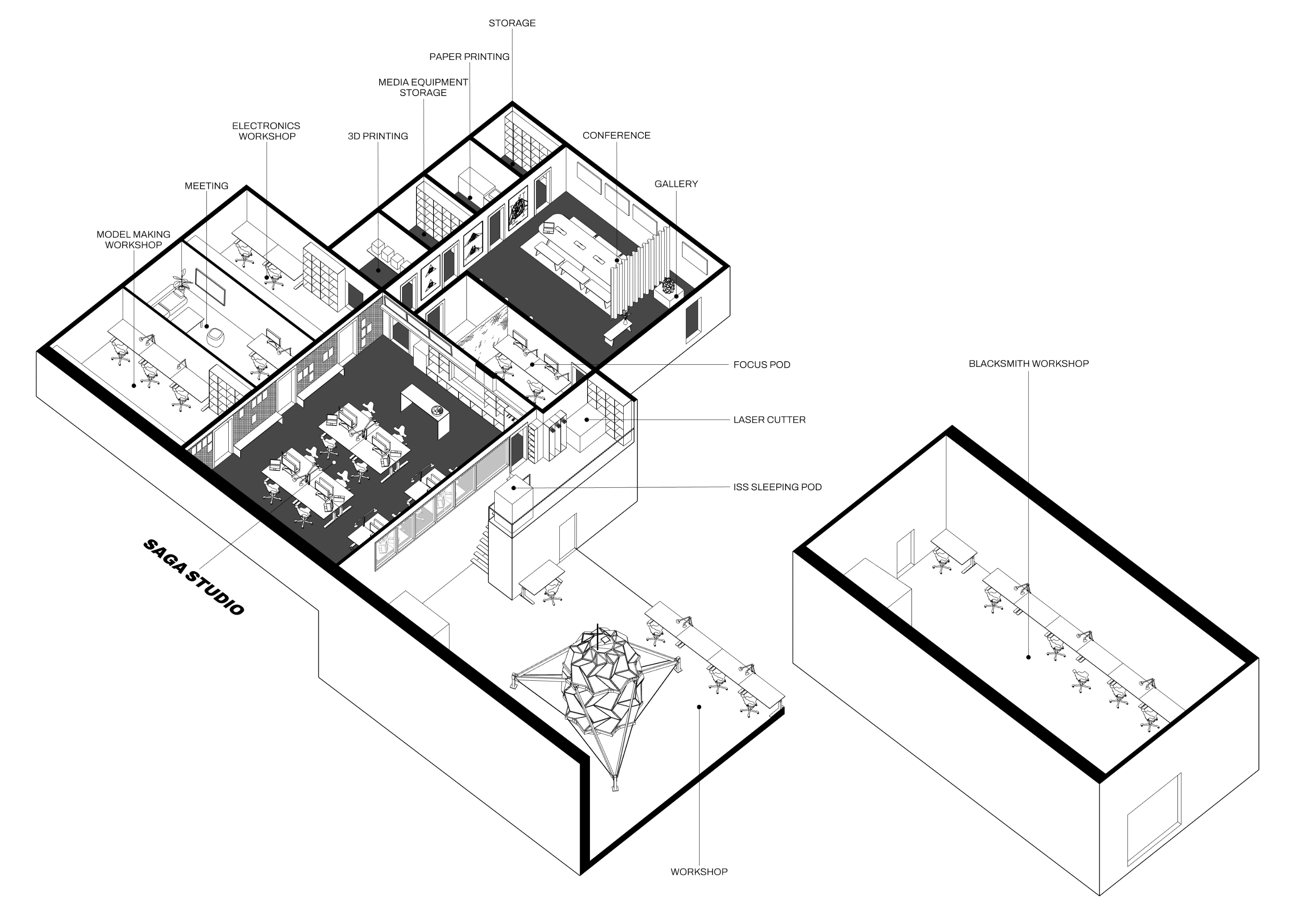 Axonometric illustration of SAGA Copenhagen facility